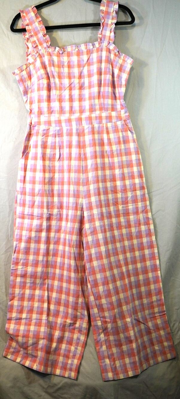 FRNCH Paris Dreheli Gingham Tie Back Ruffle Wide Leg Jumpsuit Pastel Lilac L NWT